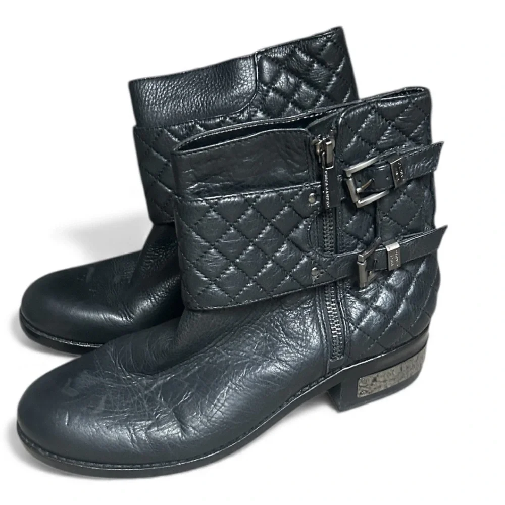 Vince Camuto Black Winta Burly Leather Quilted Detail Ankle Moto Boots Size 8.5M